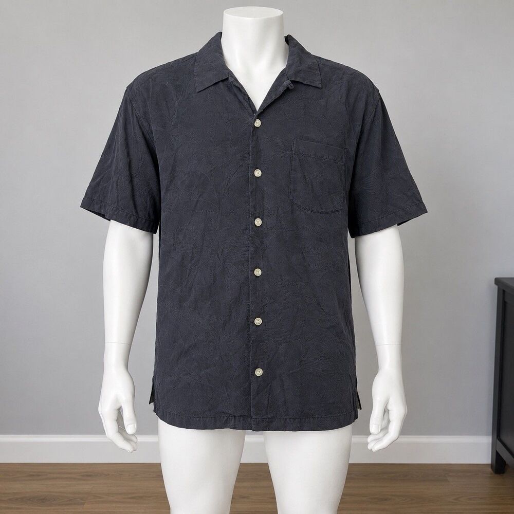 Tommy Bahama Men L Black Hawaiian Shirt Six Flights A Day Hawaiian Button Up